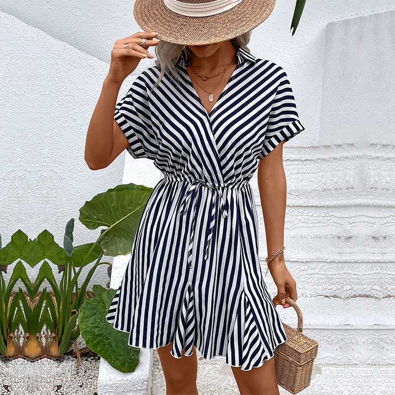 Ruffled Hem Striped Dress Waist Adjustable Shirt Collar Versatile Design Perfect for Casual Outings Wholesale