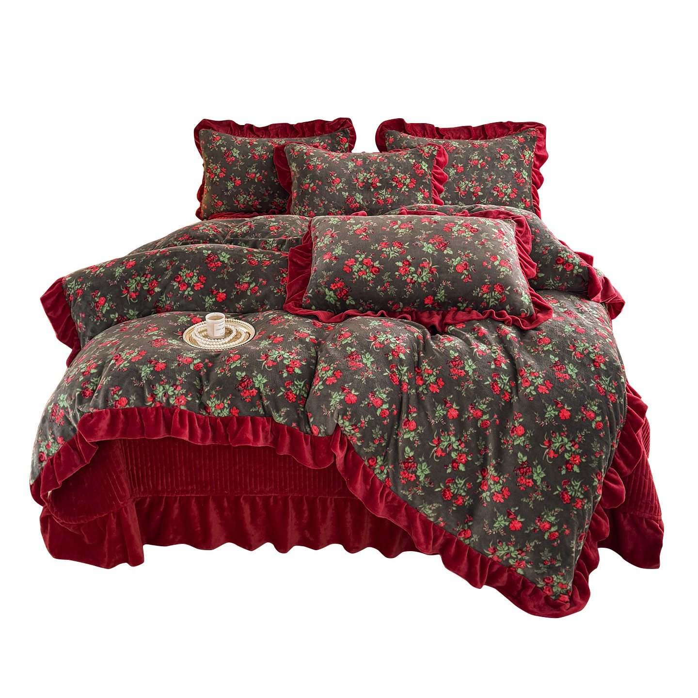 Milk Velvet Bed Cover Four-Piece Set Winter Warm Quilted Double-Sided Fleece-Lined Korean Style Lace French Velvet Double Four-Piece Set