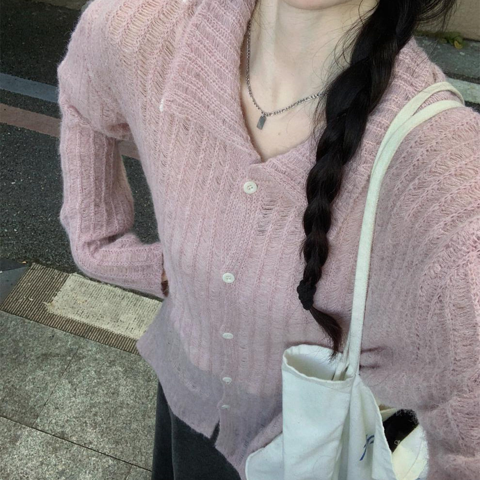 巨好看粉色polo领针织开衫女春秋季薄款镂空慵懒毛衣外套上衣