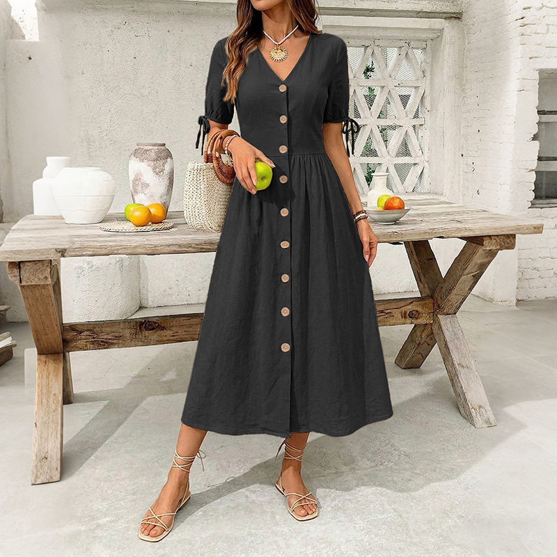 Summer Casual V Neck Short Sleeve Dress Solid Color Beach Vacation Style Wholesale Available OEM ODM service