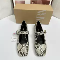 Za2025 New Snake Pattern Flats Ballet Shoes Square Toe Thick Heel T-Strap Flats Spring New Buckle Sandals