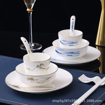 Hotel Tableware Set, Hotel Club Four-Piece Set, Ceramic Gold-Rimmed Chinese-Style Bone Plate, Bowl, Cup, Chopstick Holder Plate
