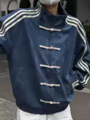 Blue and White Patchwork Three-Stripe Stand-Collar Jacket for Men, Trendy Spring Outfit, New Chinese-Style Buttoned High-End Tang Suit Top