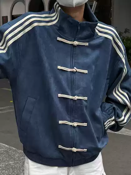 Blue and White Patchwork Three-Stripe Stand-Collar Jacket for Men, Trendy Spring Outfit, New Chinese-Style Buttoned High-End Tang Suit Top