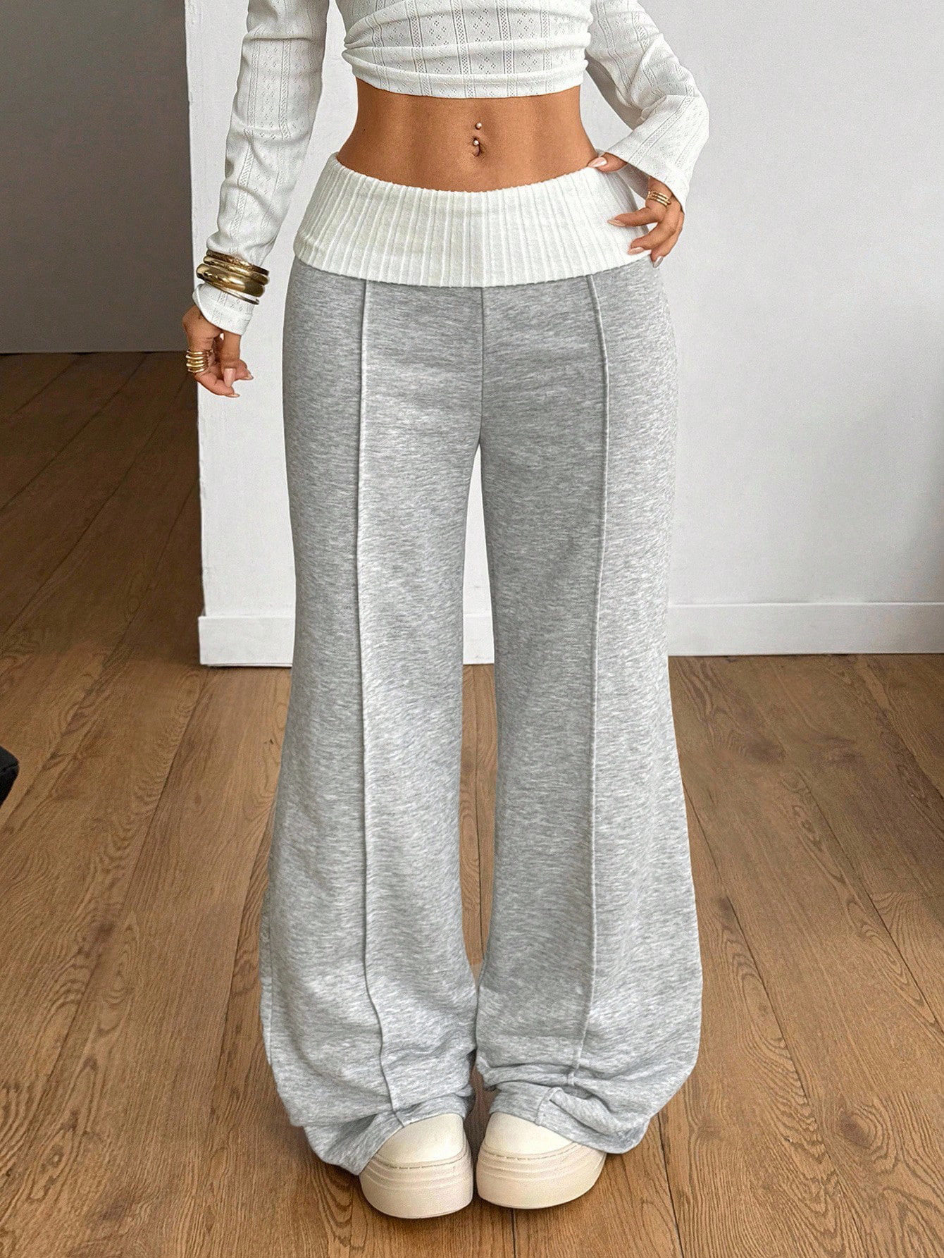 Womens Vintage Style Wide Leg Sweatpants Gray Floral Print High Waist Loose Fit Casual Autumn Winter Wear
