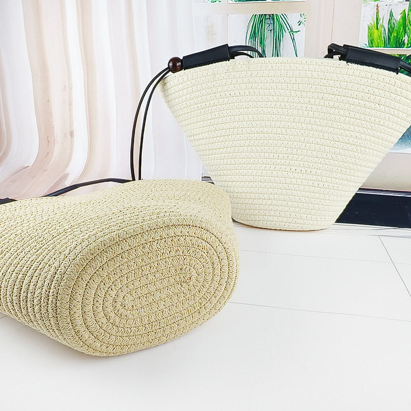 Simple One-Shoulder Large-Capacity Cotton Bag Cotton Rope Woven Women's Commuter Bag Tote Bag Vacation Beach Bag Portable