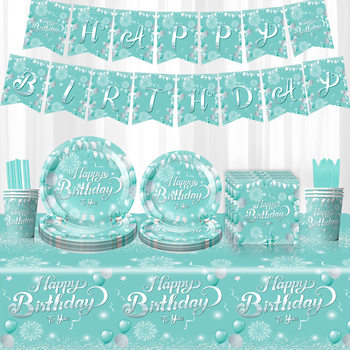 Tiffany Blue Birthday Party Tableware suit Blue Silver Theme Disposable Decorations Dinner Tablecloth Banner Paper Tray