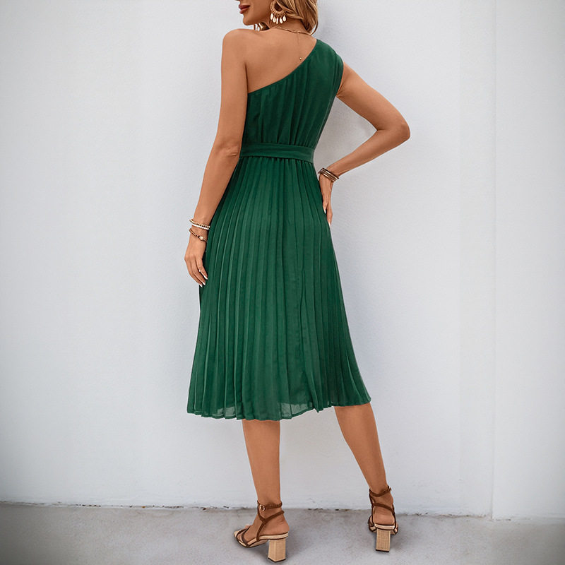 Elegant Asymmetrical Pleated Dress Solid Color One Shoulder Design Suitable for Parties Wholesale Available