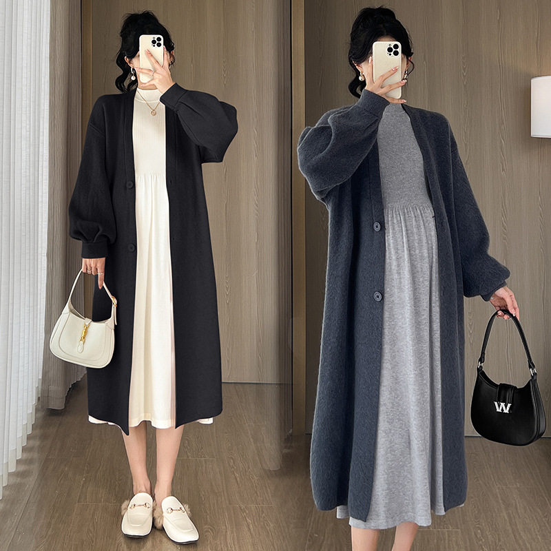 2024 maternity winter temperament cardigan pinch sleeve long thick sweater coat turtleneck sweater dress