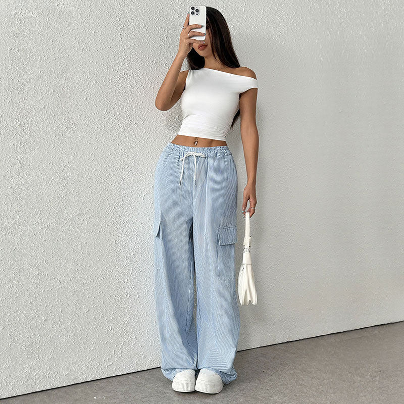 Wide Leg Striped Trousers Fresh Minimalist Design Adjustable Drawstring Summer Style Wholesale Available