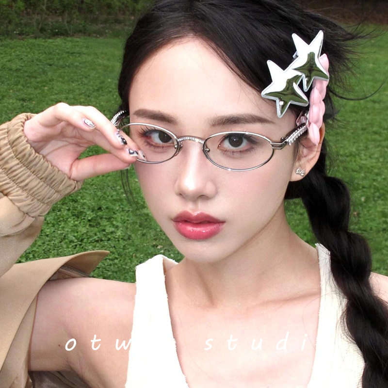 Jennie Oval Diamond Glasses for Women, High-End Metal Heart Rhinestone Frames, Plain Decorative Myopia Flat Glasses