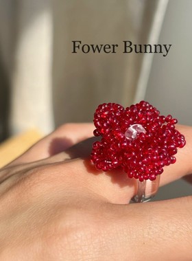 酒红花朵小众戒指戒子 夸张手工花卉串珠亚克力指环ins不撞款创意