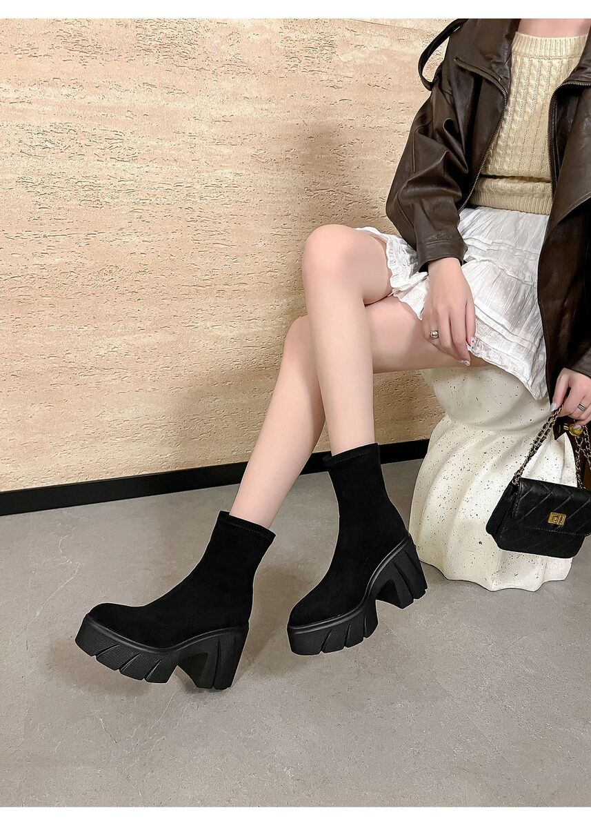 Boot nữ cổ thấp gót thô đế dày tăng chiều cao, chất liệu nhung mềm — Lớp lót đơn màu đen, Lớp lót đơn màu nâu, Lót nhung đen, Lót nhung màu nâu