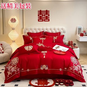 Wholesale red wedding four-piece Chinese wedding wedding embroidery quilt cover wedding room wedding companion bedding