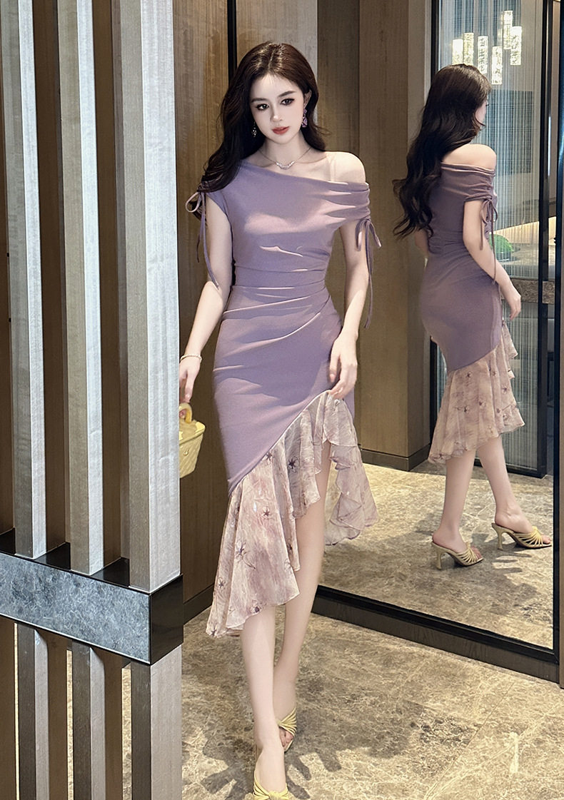 Đầm ôm body nữ dáng đuôi cá tay ngắn cổ yếm họa tiết hoa nhí — [Tím] chi tiết 10
