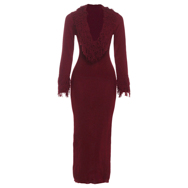 Knit Bodycon Dress Long Sleeve Deep V Neck Fringe Detail Solid Color Autumn Winter Fashion for Parties Wholesale