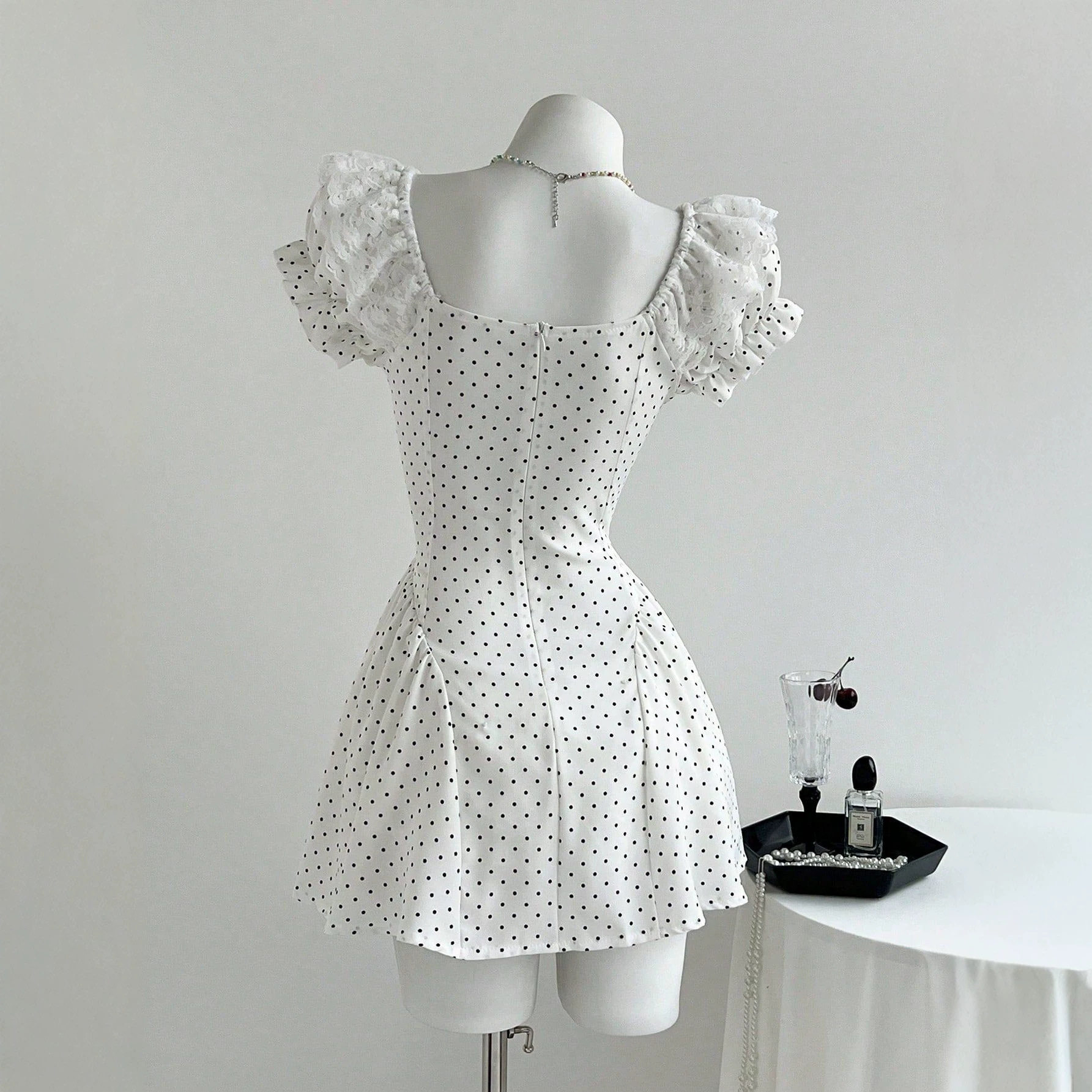 Polka Dot Puff Sleeve Dress with Bow Tie Summer Style Waist Defined Casual Wear Ready to Ship Low MOQ