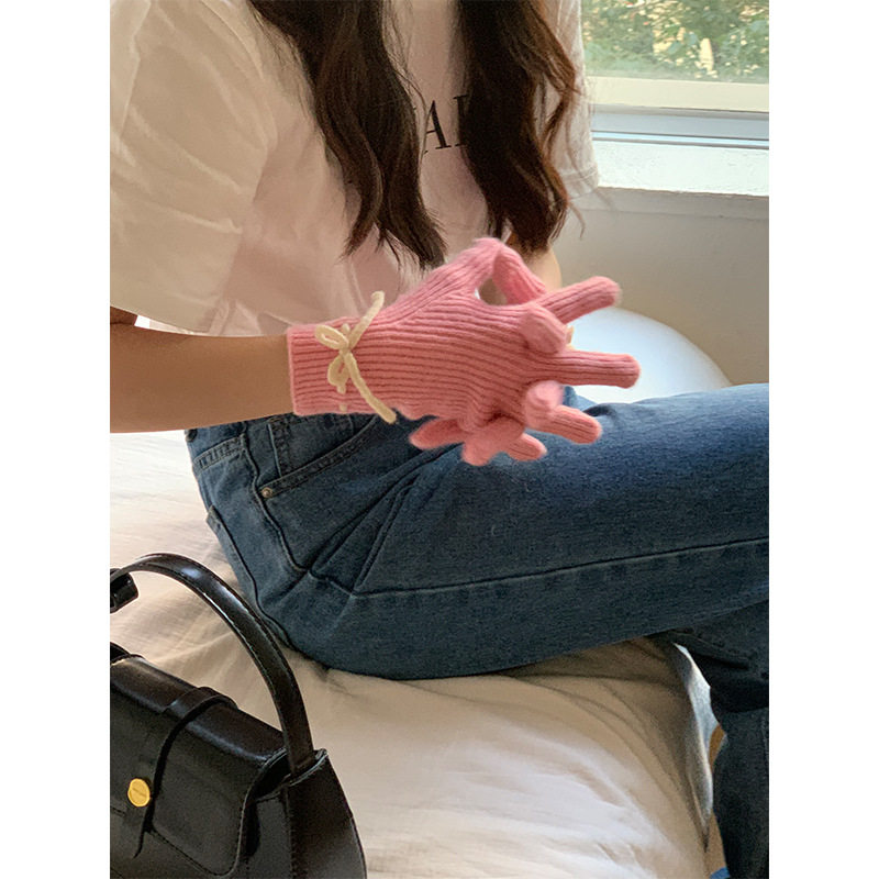 South Korea Ins Cute Wool Knitted Wool Five-Finger Gloves Women's Winter Warm Touchscreen Finger Cycling Trendy