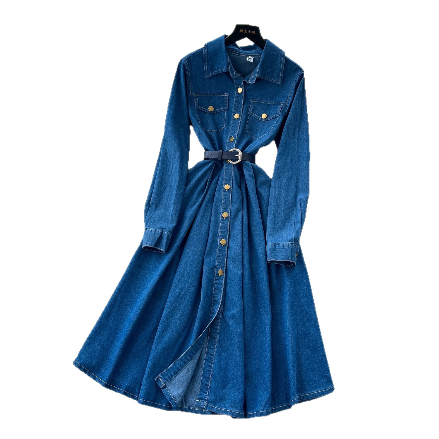 Vintage Inspired Long Sleeve Denim Dress for Women Elegant Fit Waist Tie Button Closure Pleated Design Perfect for