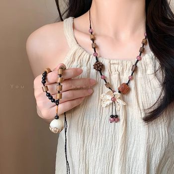 New Chinoiserie Bodhi Flower Necklace Women's National Style Wooden Long Sweater Chain 2025 New Ethnic Style Drawstring Accessories