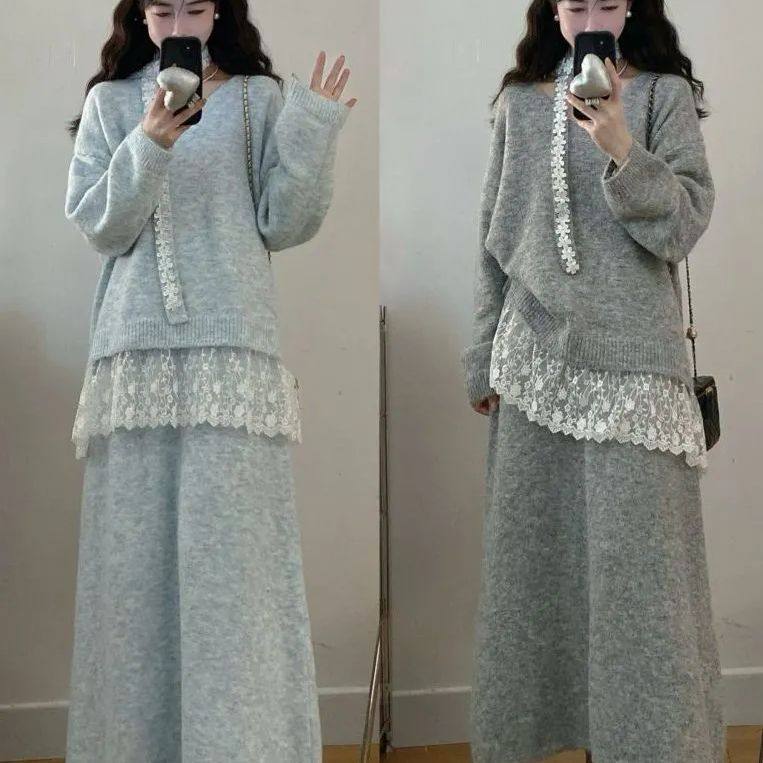 Plus Size Women's Autumn and Winter Design, Gentle Style Lace Splicing Sweater Top + Slimming Look Skirt Two-Piece Set