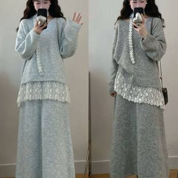 Plus Size Women's Autumn and Winter Design, Gentle Style Lace Splicing Sweater Top + Slimming Look Skirt Two-Piece Set