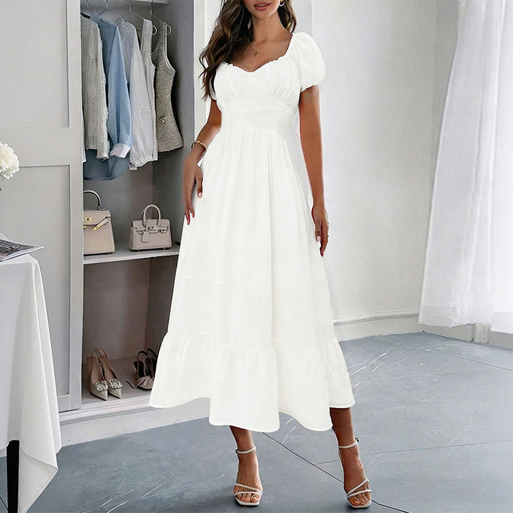 French Vintage Puff Sleeve A Line Midi Dress Waist Defining Flattering Fit Elegant Style Wholesale Available