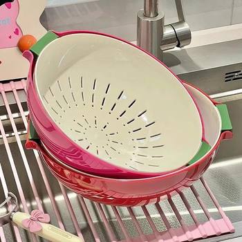 Double-Layer Vegetable Washing Basin Drain Basket New Fruit Plate Home Living Room Coffee Table Fruit Basket Kitchen Multi-Functional Water Filter Vegetable Washing Basket