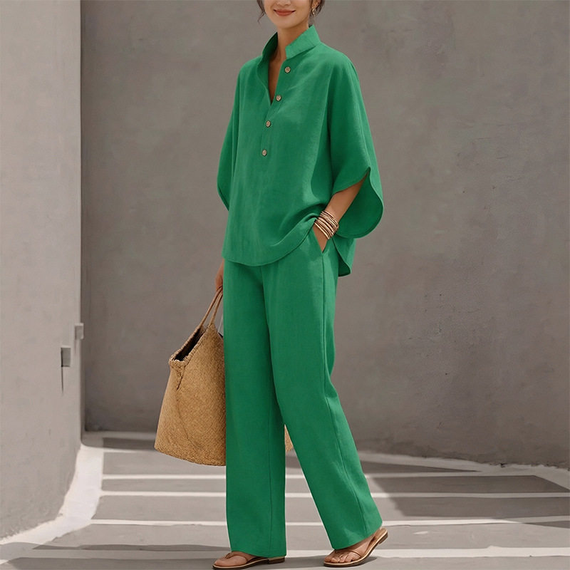 Womens Spring Casual Set Loose Fit Solid Color Top and Long Pants Perfect for Everyday Wear Wholesale Available