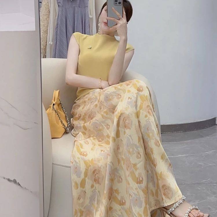Summer Suit for Women 2025 New Style for Important Occasions, Beautiful Yellow Sleeveless Waist Top, Slim Skirt Two-Piece Set
