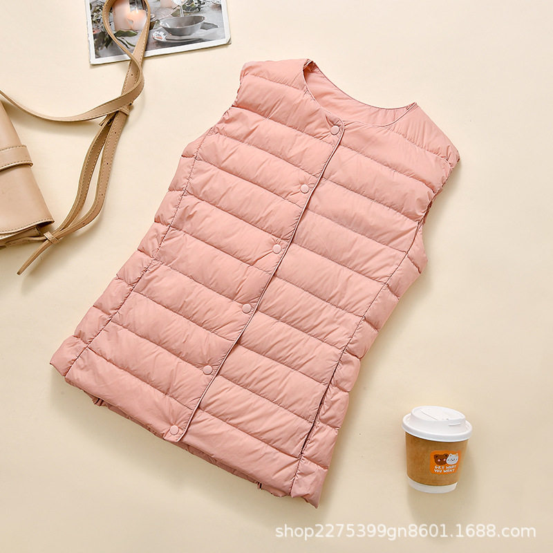 2024 New 90 Liner Lightweight down Jacket Women's Short Collarless Autumn and Winter New Thin Large Size Round Neck Warm Outside