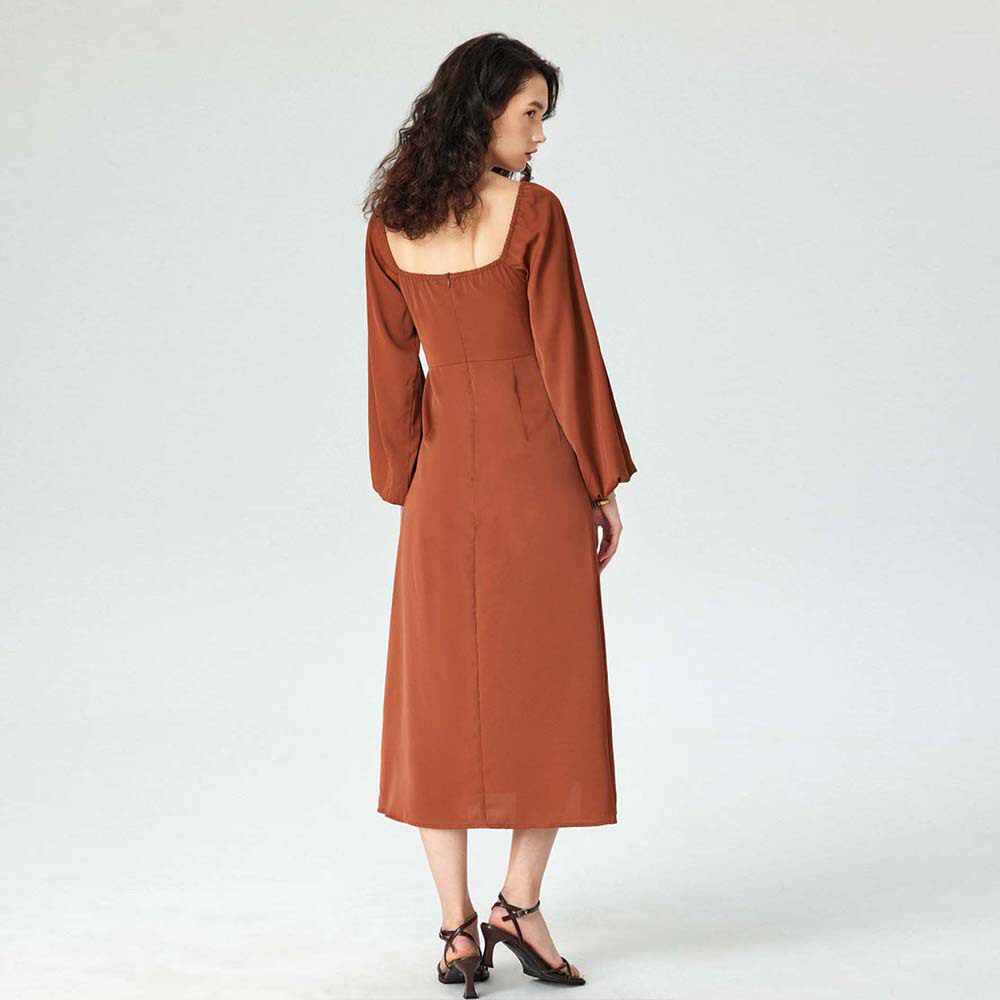 Elegant Midi Dress Square Neck Split Hem Autumn Winter French Style Perfect for Sophisticated Occasions Wholesale