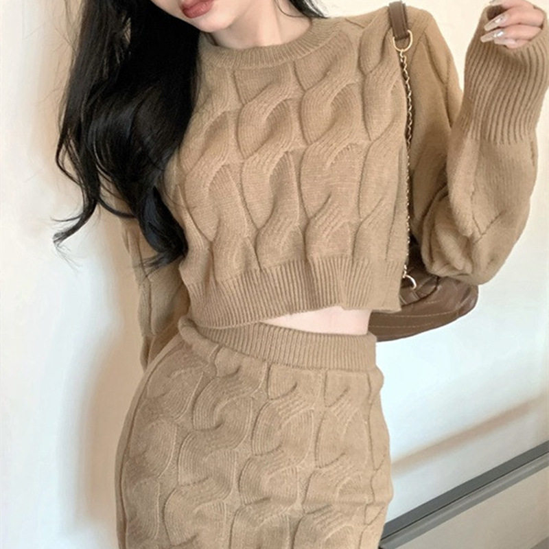 Twist Knitted Sweater Set 2024 Lazy Style Thickened Skirt Women's Slim Long Sleeve High Waist Hip Skirt Two-Piece Set