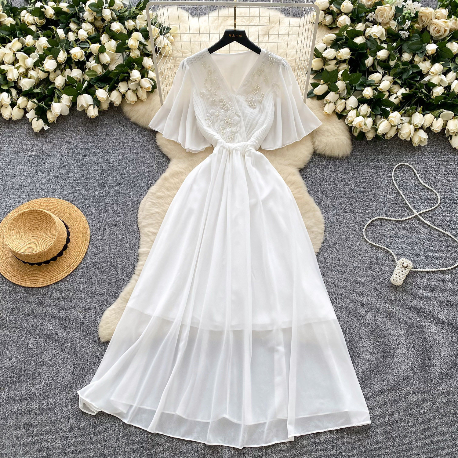 Vintage French Style V Neck Dress Elegant Pleated Design with Beading Summer Long Dress for Sophisticated Women