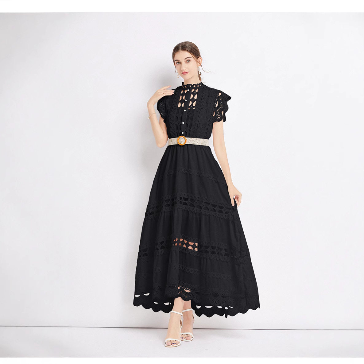 Elegant Sleeveless Dress French Style High Quality Lace Hollow Embroidery Waist Defining Perfect for Formal