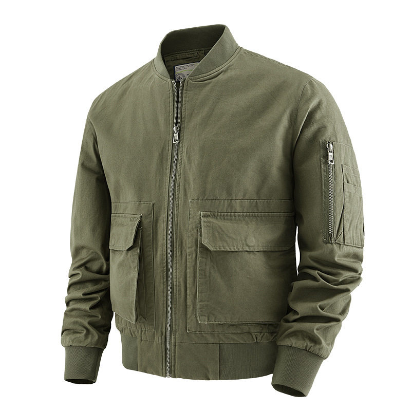 Áo Khoác Bomber Nam Cotton Giặt Nước Nhiều Túi Dáng Rộng Màu Đen, Xanh Olive, Nâu Vàng
