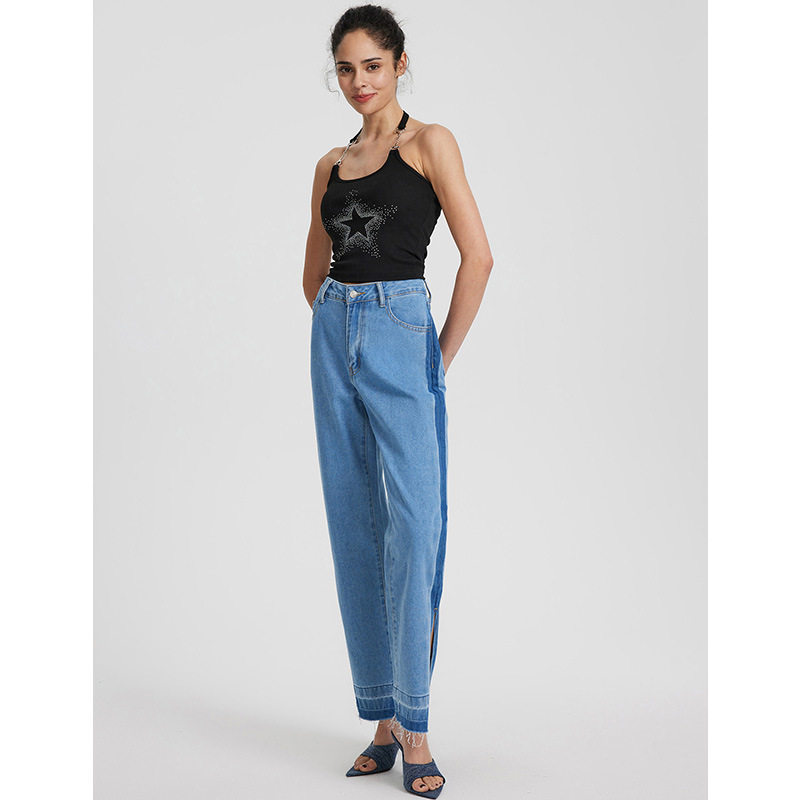 High Waisted Straight Leg Jeans Vintage Inspired Casual Split Hem Design Womens Fashion for Everyday Wear