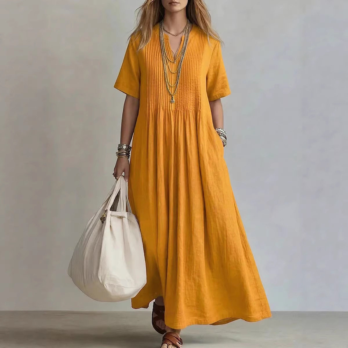 Casual Vacation Style Womens Maxi Dress Solid Color V Neck Long Sleeve Summer Collection Wholesale Available