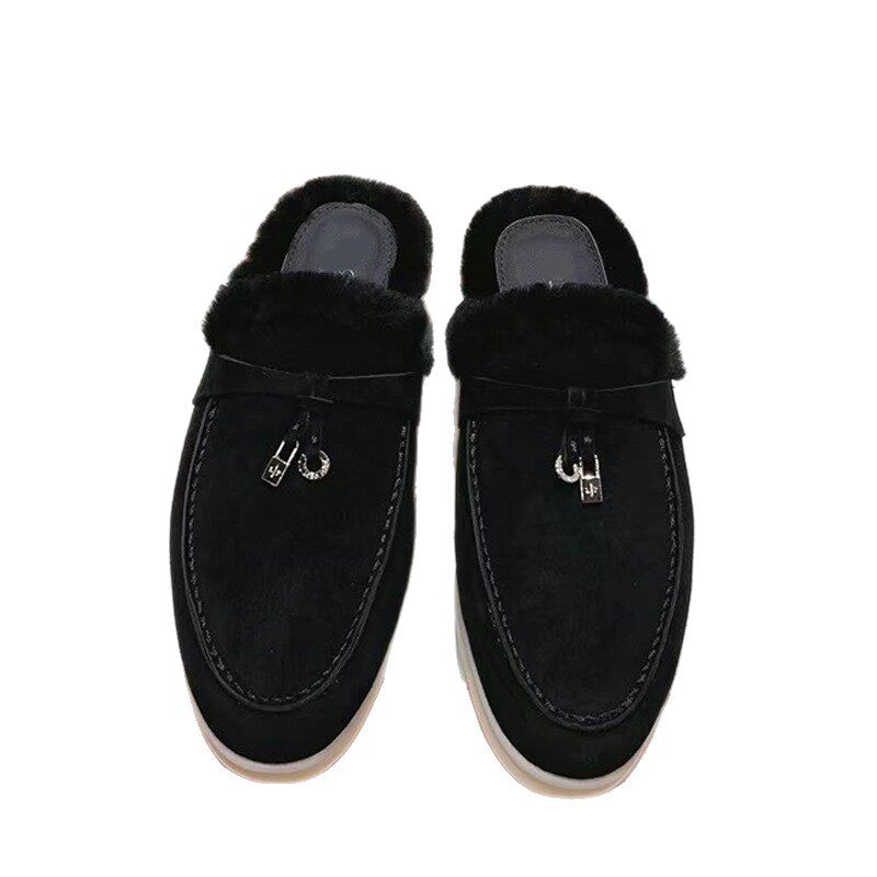 High-End Italian Loafers for Autumn and Winter, Fleece-Lined, Closed-Toe, Wool Slip-On Shoes, Flat Half-Slipper, Furry Slippers for Couples
