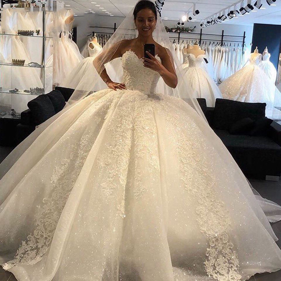 Beaded Wedding Dress Elegant Sweetheart Tulle Lace Off Shoulder Bridal Gown Princess Ball Gown