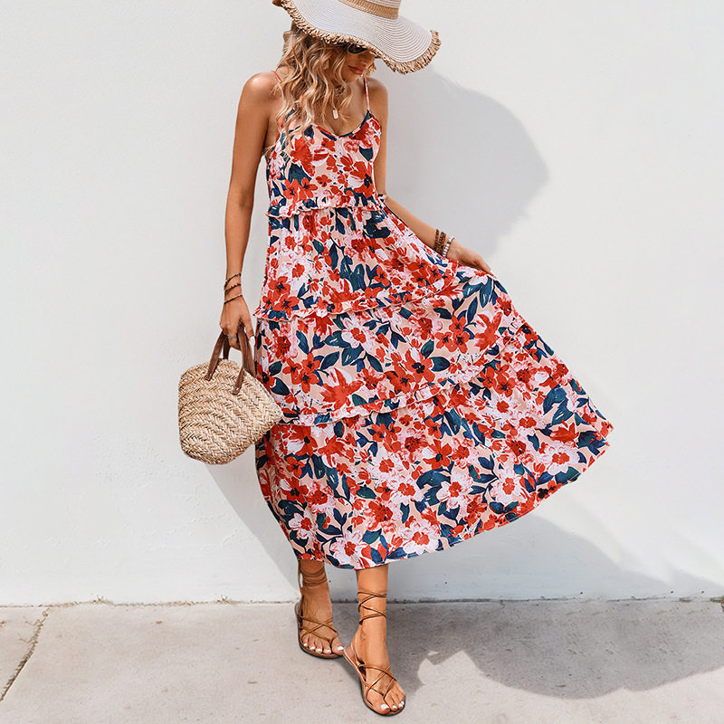 Summer Vacation Dress Casual Beach Style Floral Print Sleeveless Comfortable Fabric Wholesale Available