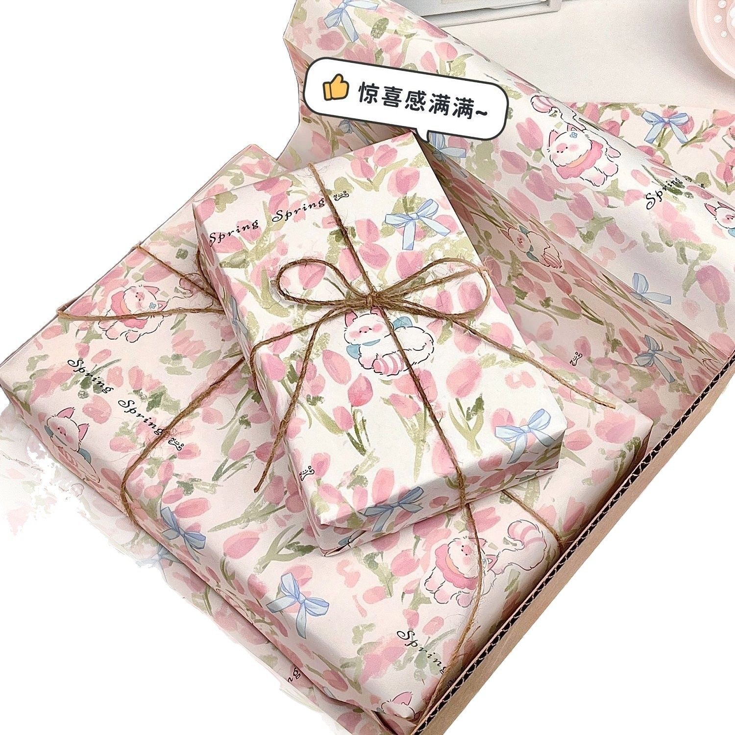 Popular Tulip Cat Wrapping Paper Original Ins Style High-Looking Large Size Holiday Gift Wrapping Material