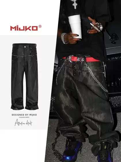 Mijko Men's and Women's Playboicarti Same Style Mercerized Waxed Zipper Raw Cow Men's and Women's Same Style Denim Pants