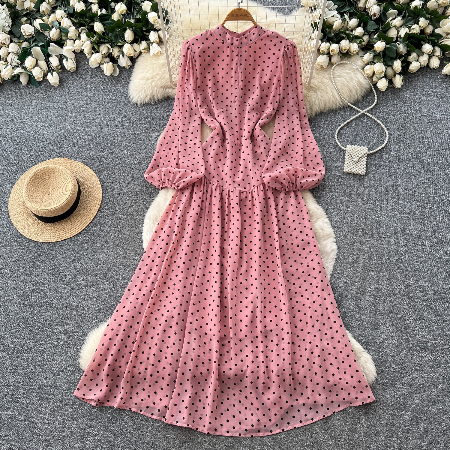 French Style High End Stand Collar Lantern Sleeve Polka Dot Dress Waist Defining Slim Fit Elegant Long Dress Autumn