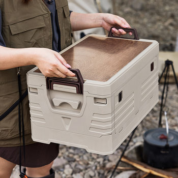 Trunk Storage Box Outdoor Camping Storage Box Folding Camping Organizer Wooden Cover Large Capacity Picnic Storage Cabinet