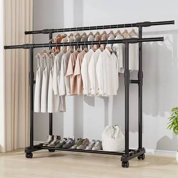 Single and Double Pole Floor Vertical Simple Clothes Hanger Clothes Rack Balcony Clothes Retractable Bedroom Dormitory Hanger