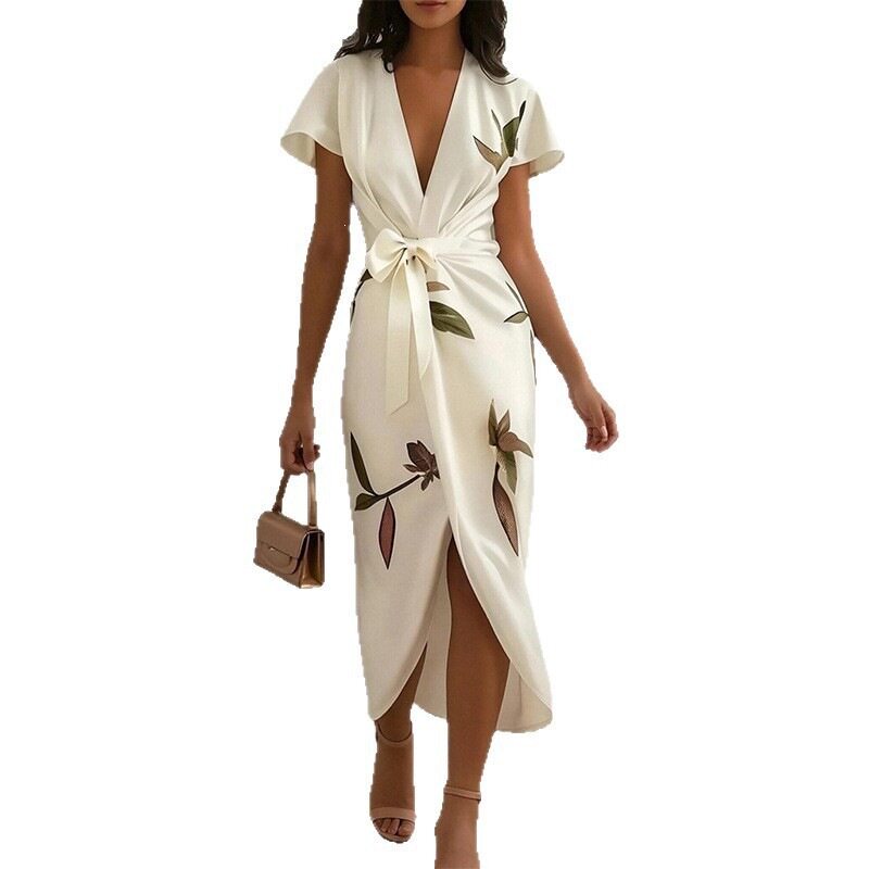 Summer Long Dress for Women Fashionable Lightweight Luxury Tie Front Floral Print Perfect for Casual Outings