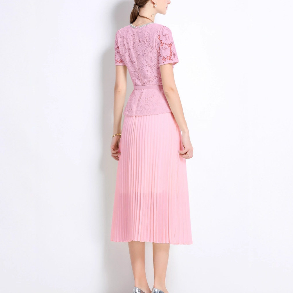 French Style Elegant Short Sleeve Lace Dress Slim Fit Round Neck Beaded Design Pleated Mid Length Perfect for