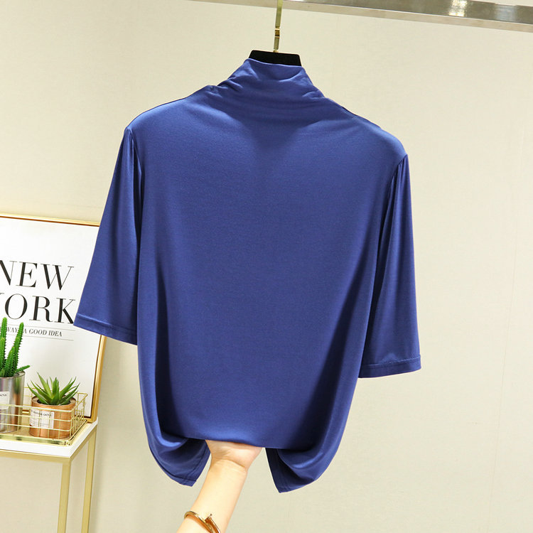 早秋新款纯色基础半高领中袖打底衫女莫代尔棉百搭五分袖T恤上衣