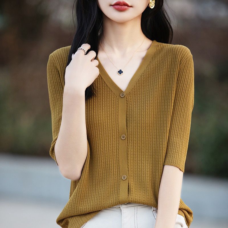 Summer Short Sleeve Knitted Cardigan Lightweight Loose Fit Twisted Design Pearl Texture Casual Wear Wholesale